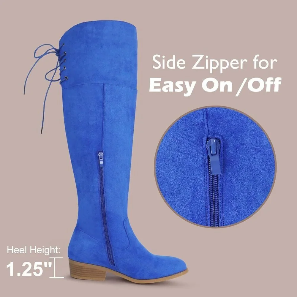 Women's Blue Faux Suede Thigh High Over The Knee Black Low Flat Heel Boots